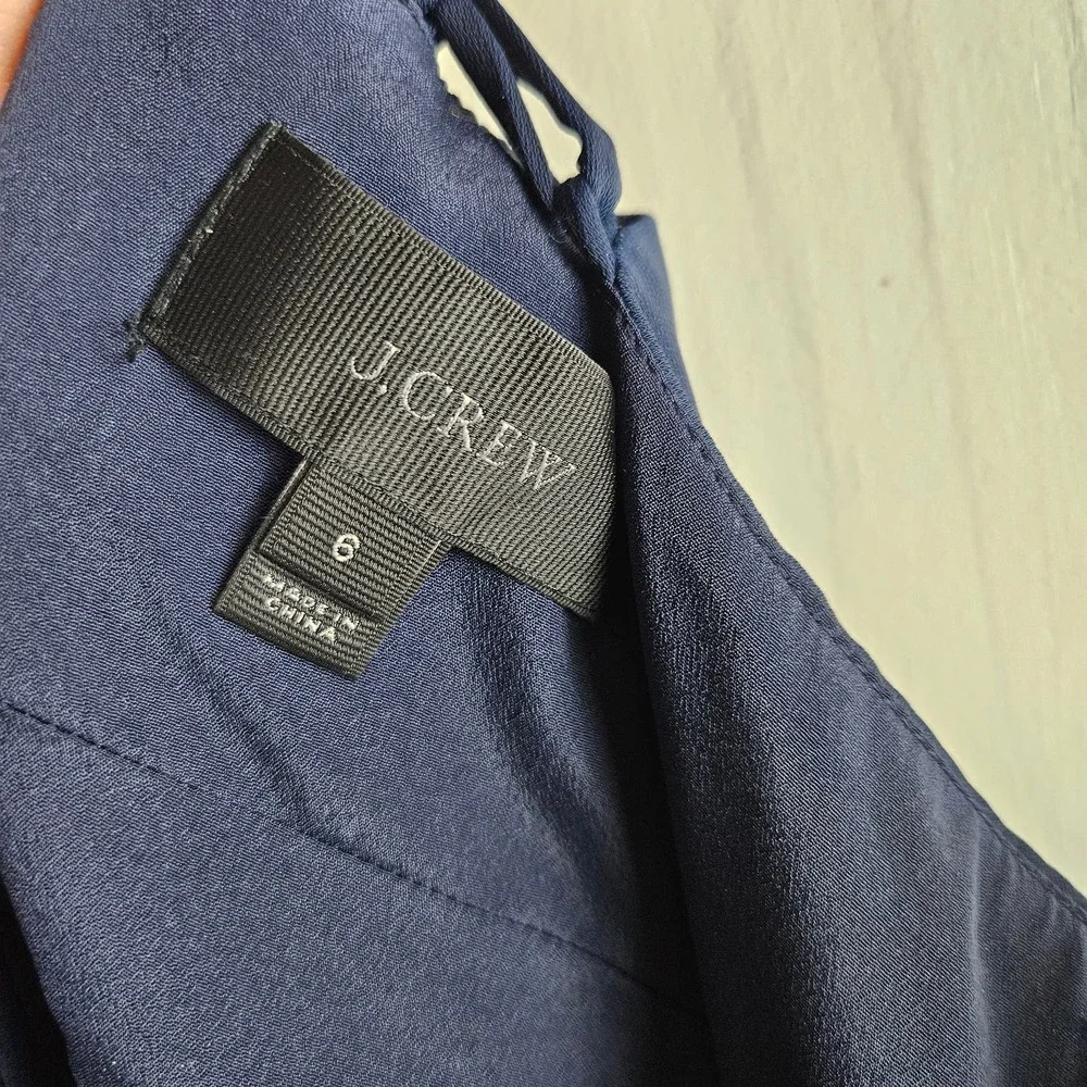 J.Crew Criss Cross Tie‎ Back Midi Dress 6 Navy Blue Ruffle Spaghetti Strap